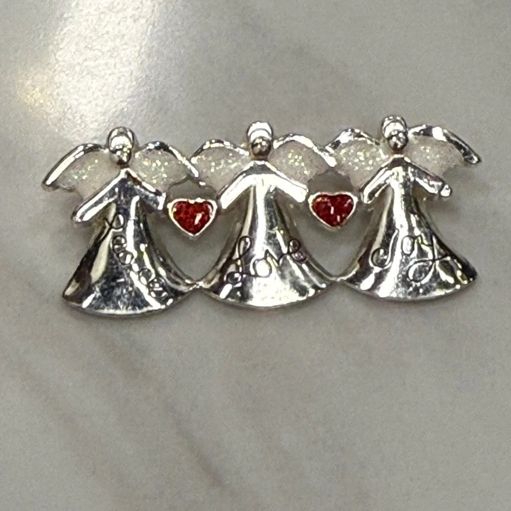 Three Angels Brooch Pin Silver‎ Tone Red Hearts Glitter Wings Vintage Jewelry